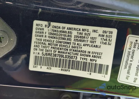 2009 Honda Cr-V Ex-L z USA, uszkodzony, nr VIN 5J6RE38709L035073